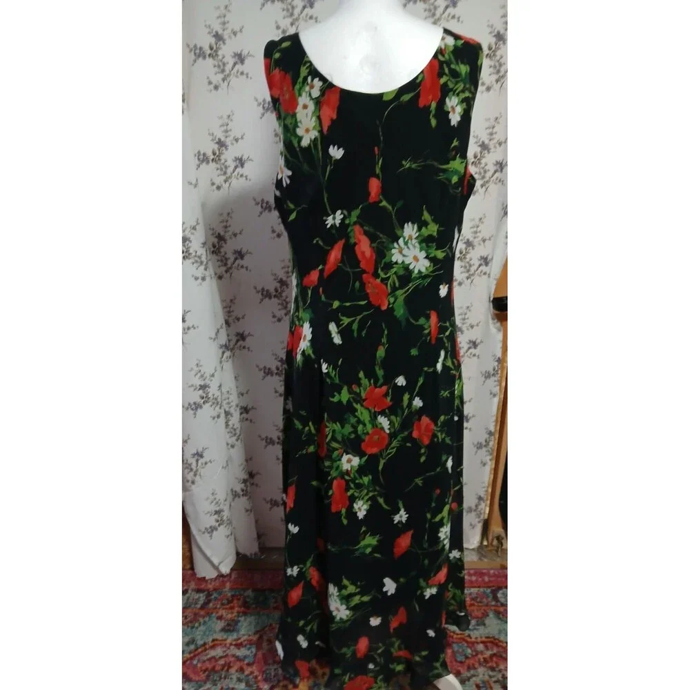 R&K Originals Long Black Sleeveless Dress w/Red & White Floral 16 NWT - Picture 2 of 10